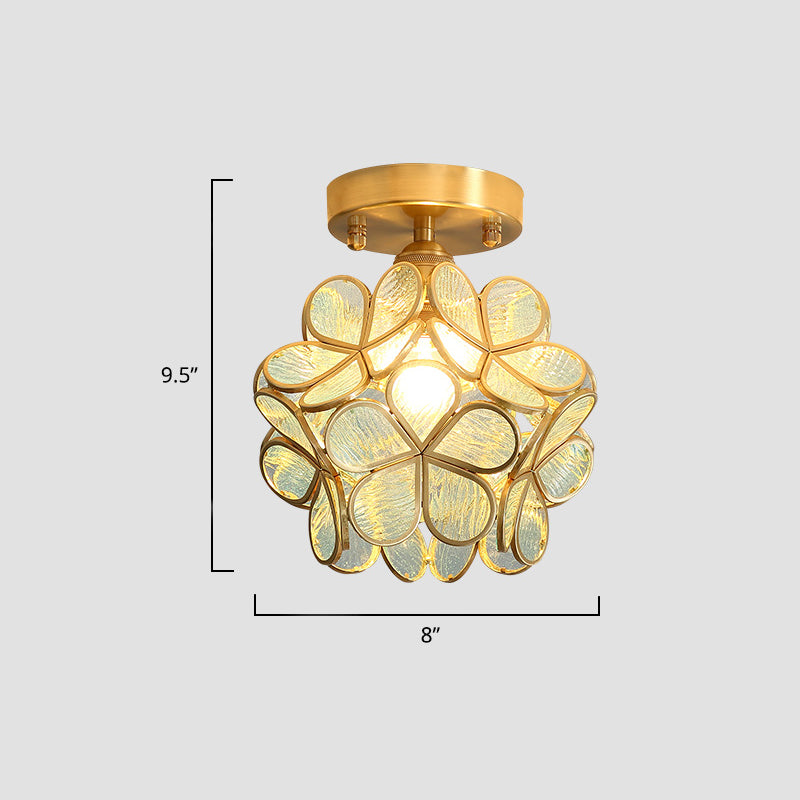 Tiffany Floral Semi Mount Lighting 1-lichts glazen plafondinbouwlamp in messing voor gang