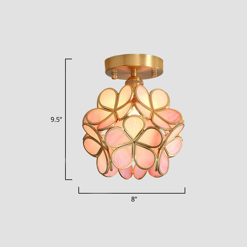 Tiffany Floral Semi Mount Lighting 1-lichts glazen plafondinbouwlamp in messing voor gang