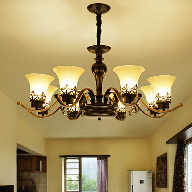 Bell Frosted Glass Chandelier Light Traditional 3/6/8 Light Living Room Pendant Lighting in Black