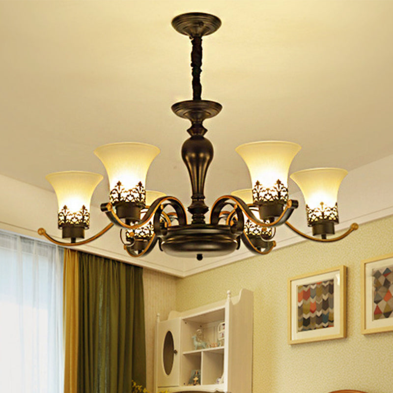 Bell Frosted Glass Chandelier Light Traditional 3/6/8 Light Living Room Pendant Lighting in Black