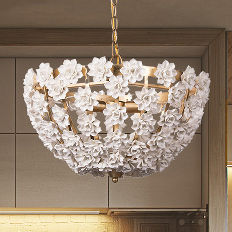 16"/19.5" Wide Hemisphere Chandelier Lighting Modern Metal Silver/Gold 3 Bulbs Hanging Ceiling Light with Ceramic Flowers