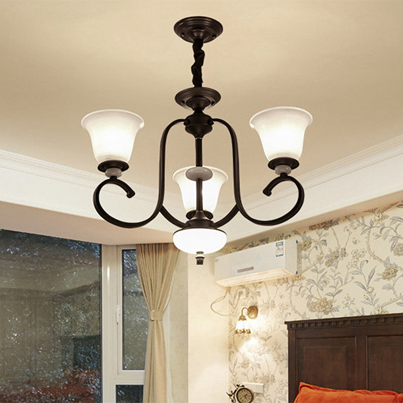 3/6/8 Lights Pendant Light Traditional Bell Frosted Glass Hanging Chandelier in Dark Coffee