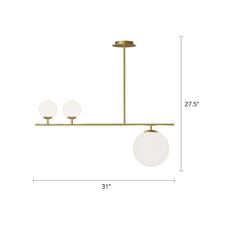Brass Ball Pendant Light Minimalistic 3-Light Opal Glass Island Lighting for Dining Room
