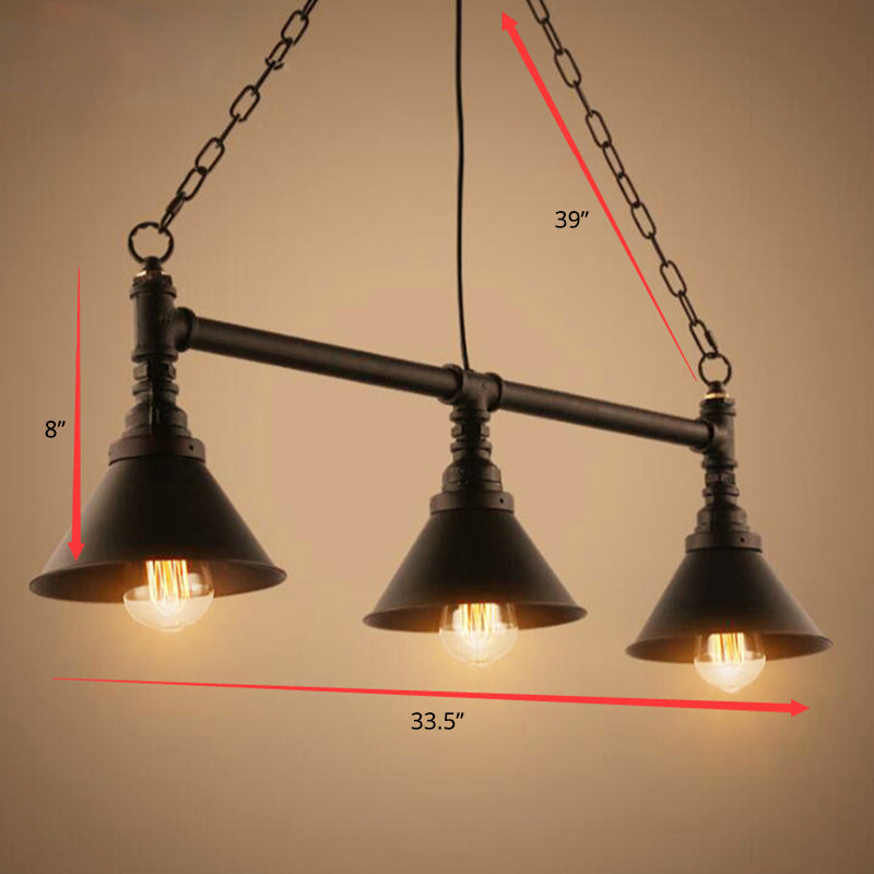 Conical Restaurant Island Light Fixture Industrial Metal 3-Head Black Hanging Ceiling Light