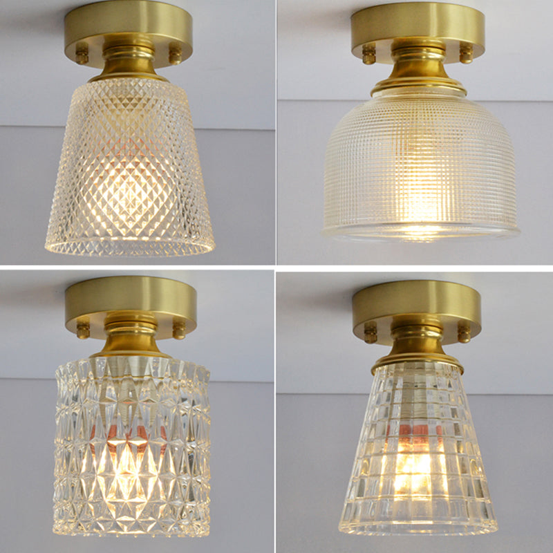 Brass Finish 1-Head Ceiling Mounted Light Minimalist Carved Glass Shaded Semi Flush Mount Lamp for Corridor