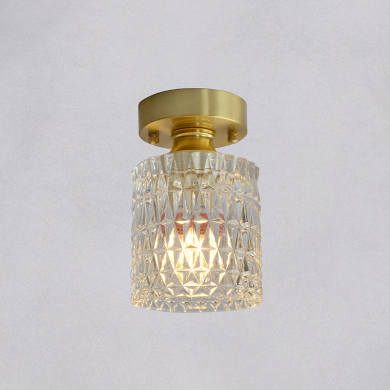 Brass Finish 1-Head Ceiling Mounted Light Minimalist Carved Glass Shaded Semi Flush Mount Lamp for Corridor