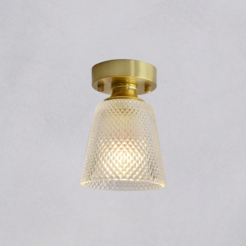 Brass Finish 1-Head Ceiling Mounted Light Minimalist Carved Glass Shaded Semi Flush Mount Lamp for Corridor
