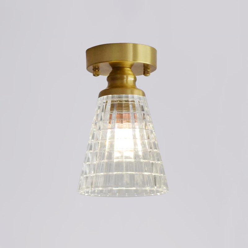 Brass Finish 1-Head Ceiling Mounted Light Minimalist Carved Glass Shaded Semi Flush Mount Lamp for Corridor