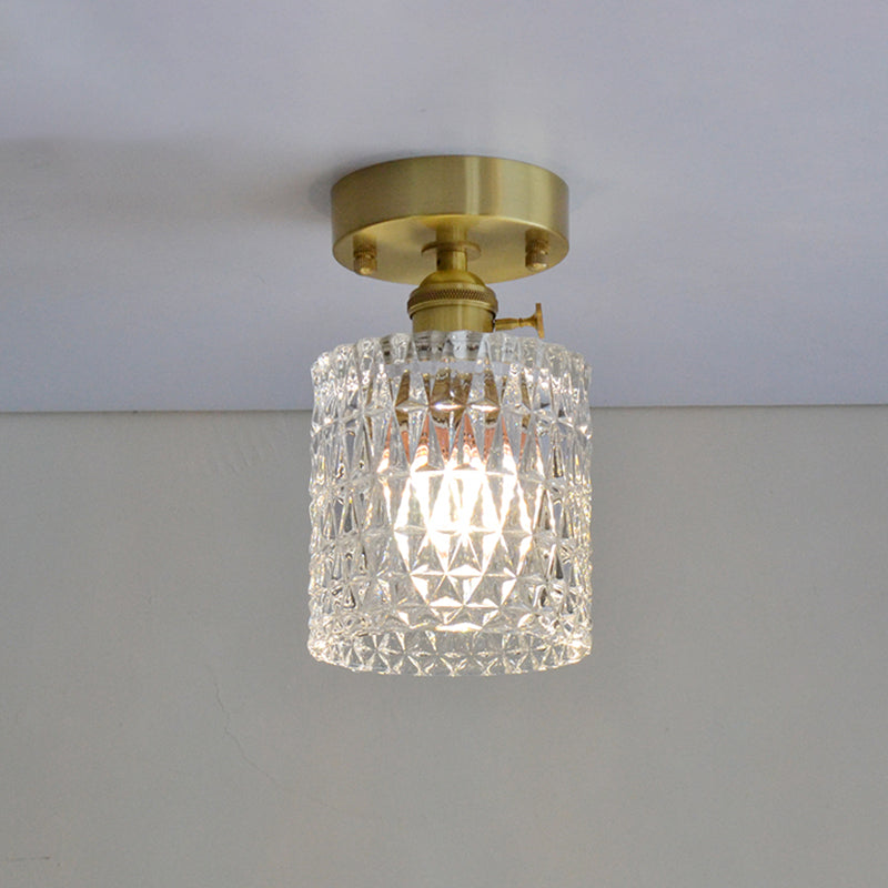 Brass Finish 1-Head Ceiling Mounted Light Minimalist Carved Glass Shaded Semi Flush Mount Lamp for Corridor