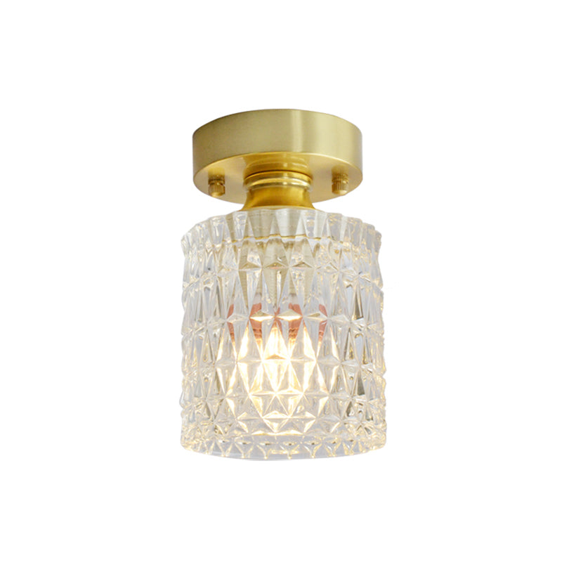 Brass Finish 1-Head Ceiling Mounted Light Minimalist Carved Glass Shaded Semi Flush Mount Lamp for Corridor