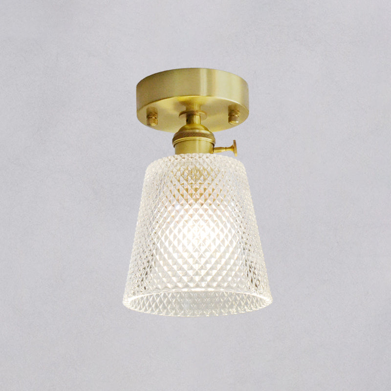 Brass Finish 1-Head Ceiling Mounted Light Minimalist Carved Glass Shaded Semi Flush Mount Lamp for Corridor