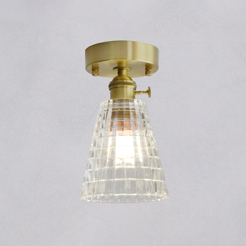 Brass Finish 1-Head Ceiling Mounted Light Minimalist Carved Glass Shaded Semi Flush Mount Lamp for Corridor