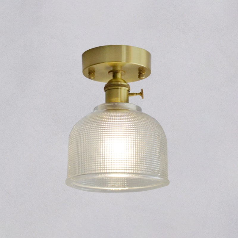 Brass Finish 1-Head Ceiling Mounted Light Minimalist Carved Glass Shaded Semi Flush Mount Lamp for Corridor