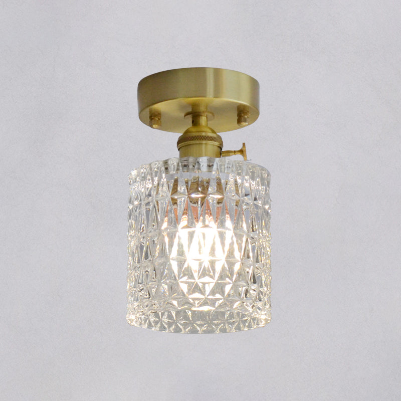 Brass Finish 1-Head Ceiling Mounted Light Minimalist Carved Glass Shaded Semi Flush Mount Lamp for Corridor