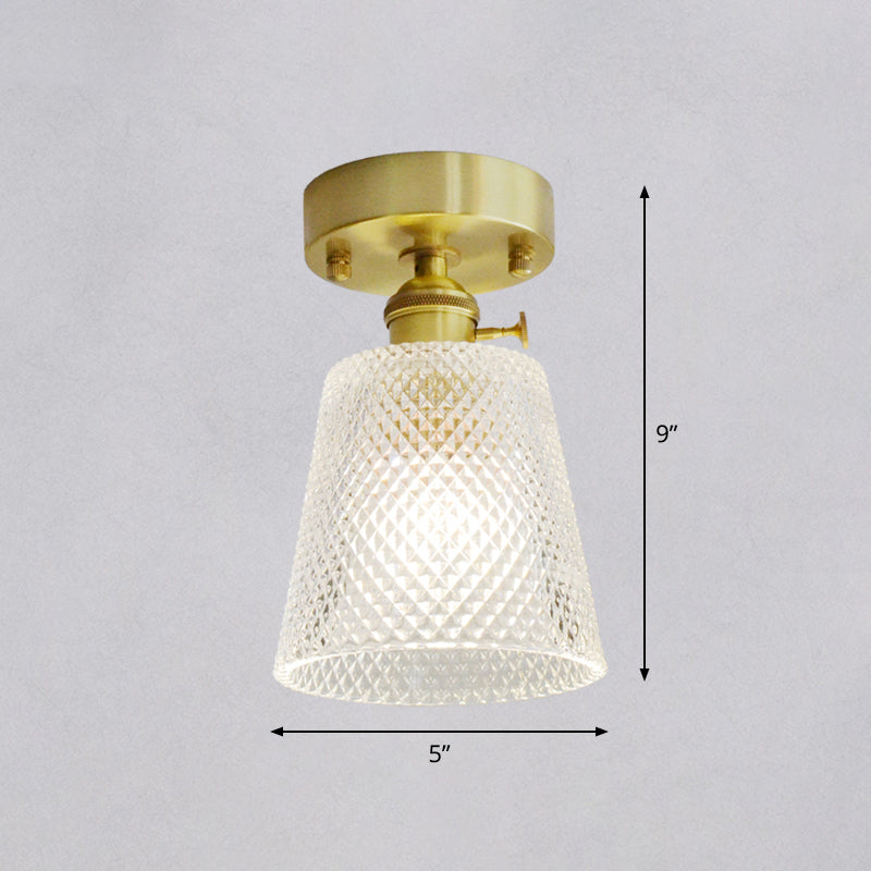Brass Finish 1-Head Ceiling Mounted Light Minimalist Carved Glass Shaded Semi Flush Mount Lamp for Corridor
