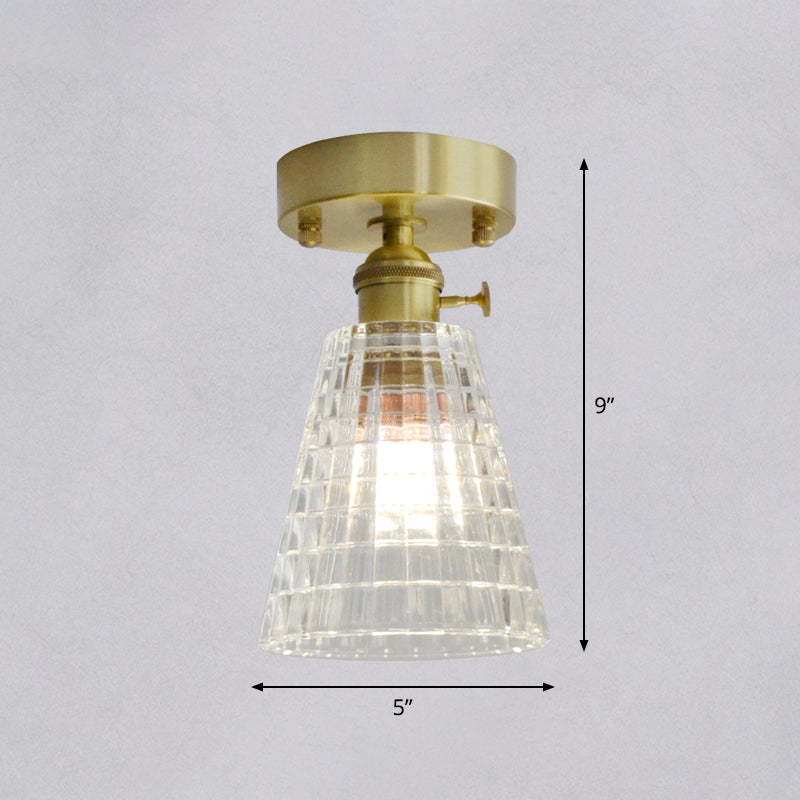 Brass Finish 1-Head Ceiling Mounted Light Minimalist Carved Glass Shaded Semi Flush Mount Lamp for Corridor