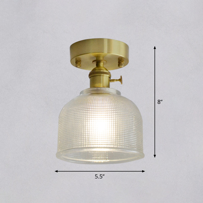 Brass Finish 1-Head Ceiling Mounted Light Minimalist Carved Glass Shaded Semi Flush Mount Lamp for Corridor