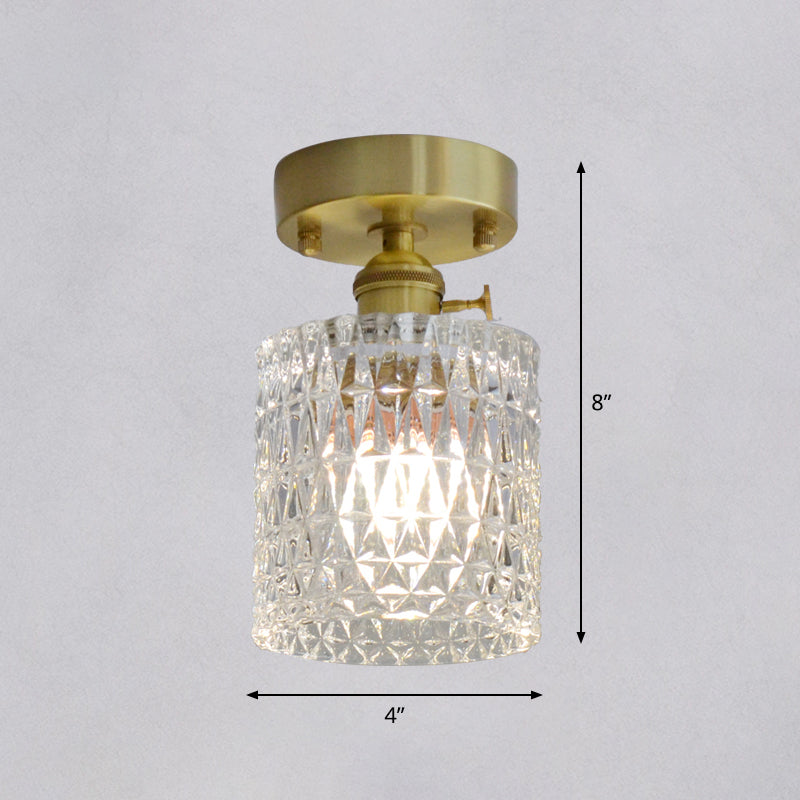 Brass Finish 1-Head Ceiling Mounted Light Minimalist Carved Glass Shaded Semi Flush Mount Lamp for Corridor