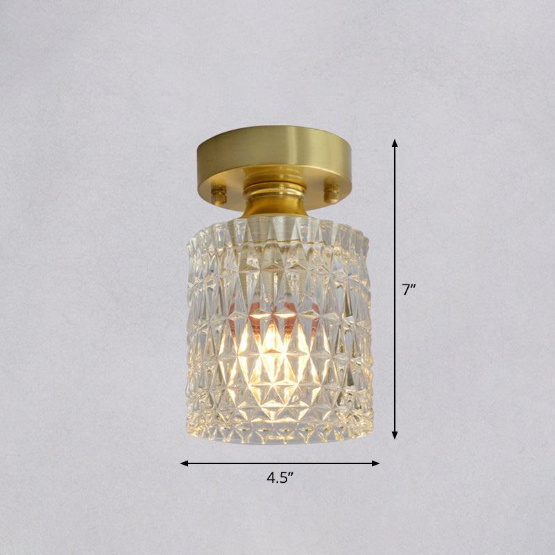 Brass Finish 1-Head Ceiling Mounted Light Minimalist Carved Glass Shaded Semi Flush Mount Lamp for Corridor