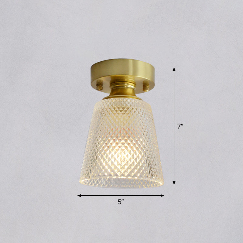 Brass Finish 1-Head Ceiling Mounted Light Minimalist Carved Glass Shaded Semi Flush Mount Lamp for Corridor