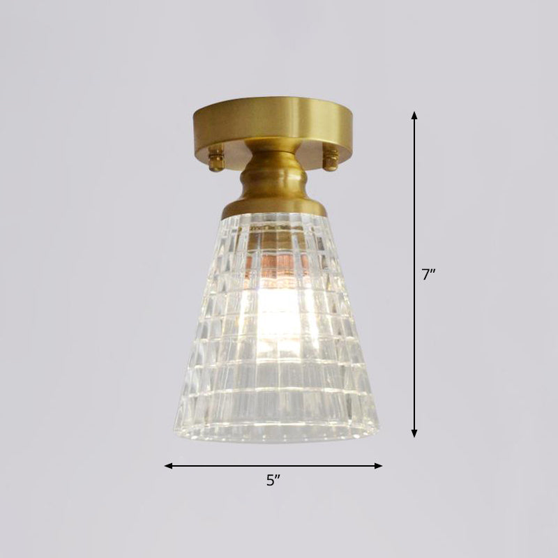 Brass Finish 1-Head Ceiling Mounted Light Minimalist Carved Glass Shaded Semi Flush Mount Lamp for Corridor