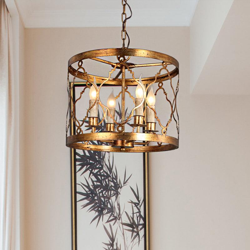 Metal Drum Shade Chandelier Lamp Retro 4-Head Bedroom Pendant Ceiling Light in Gold