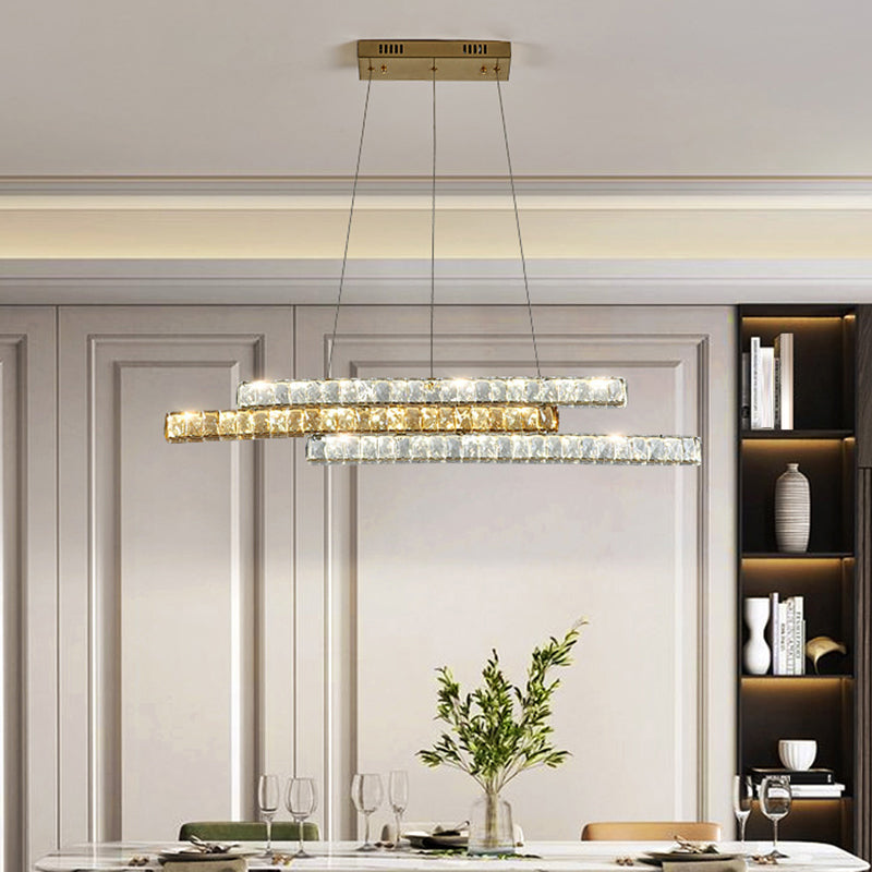 Crystal Encrusted Linear Island Light Fixture Minimalist LED Gold Suspension Pendant Light