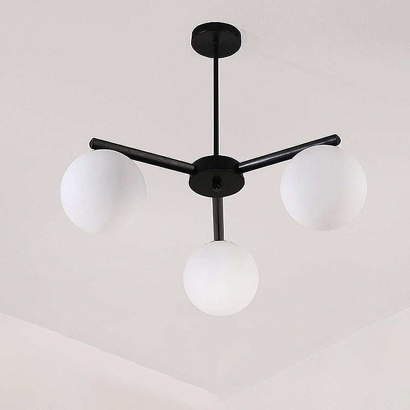 White Glass Globe Hanging Chandelier Traditional 3/6/8 Light Living Room Pendant Light in Black with Sunburst Design