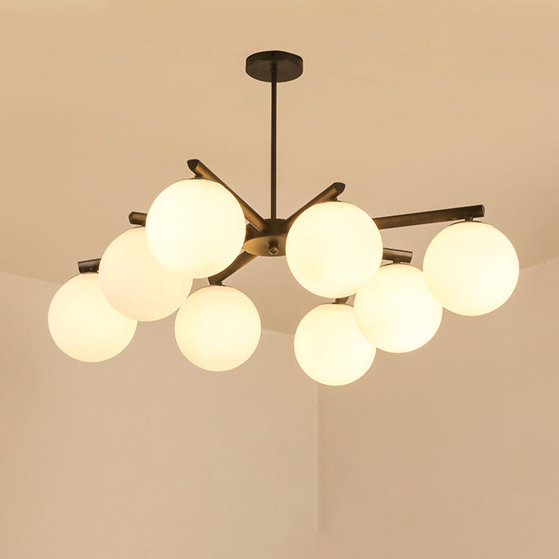 White Glass Globe Hanging Chandelier Traditional 3/6/8 Light Living Room Pendant Light in Black with Sunburst Design