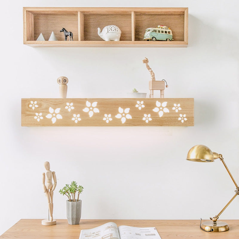 Wooden Cutouts Flower Wall Lamp Japanese Style Beige LED Wall Sconce Light with Shelf Function