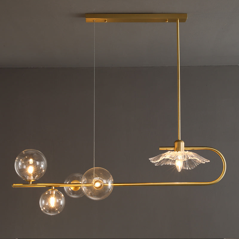 Creative Postmodern Suspension Lamp Brass Finish Ball and Lotus Leaf Island Light with Glass Shade