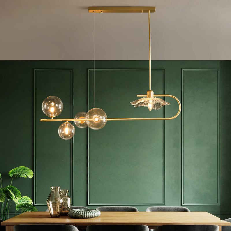 Creative Postmodern Suspension Lamp Brass Finish Ball and Lotus Leaf Island Light with Glass Shade