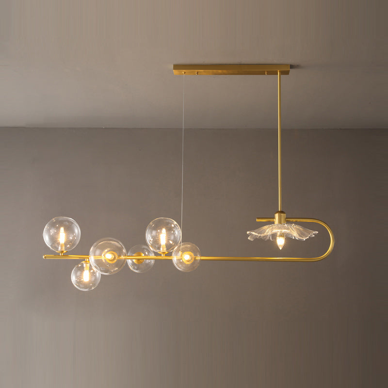 Creative Postmodern Suspension Lamp Brass Finish Ball and Lotus Leaf Island Light with Glass Shade