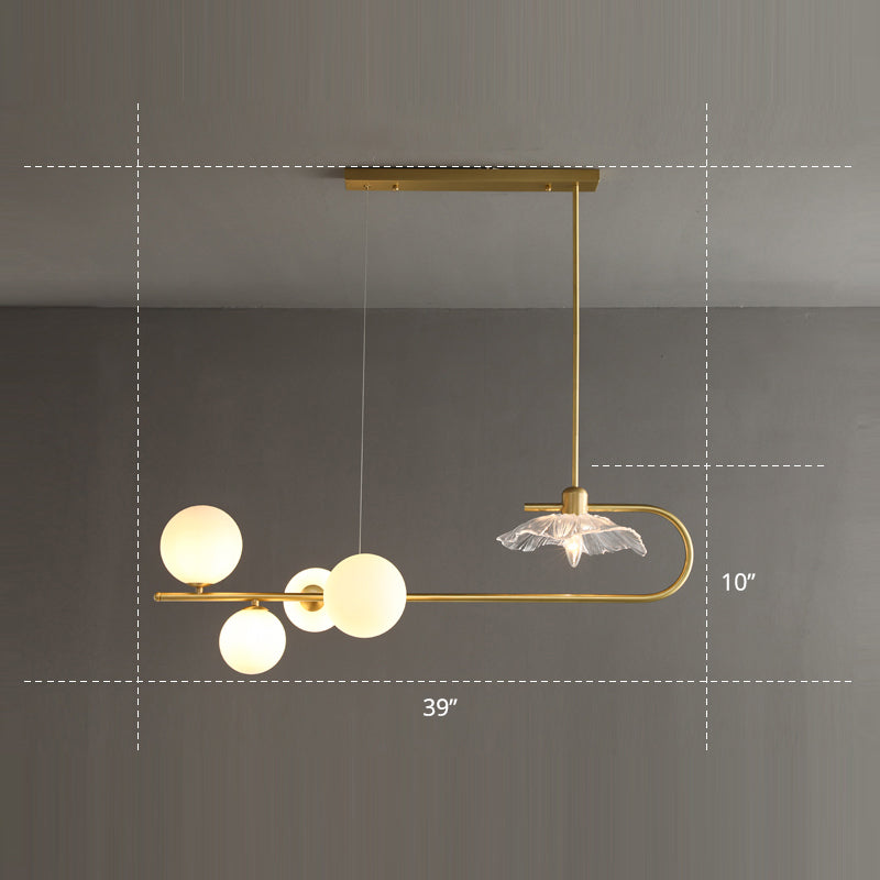 Creative Postmodern Suspension Lamp Brass Finish Ball and Lotus Leaf Island Light with Glass Shade