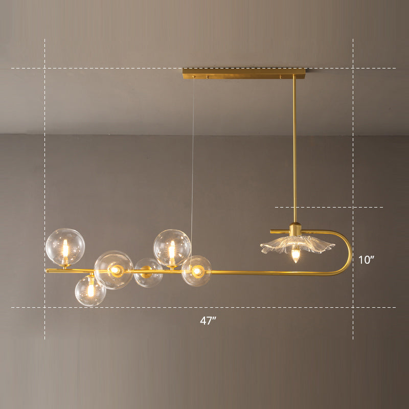 Creative Postmodern Suspension Lamp Brass Finish Ball and Lotus Leaf Island Light with Glass Shade
