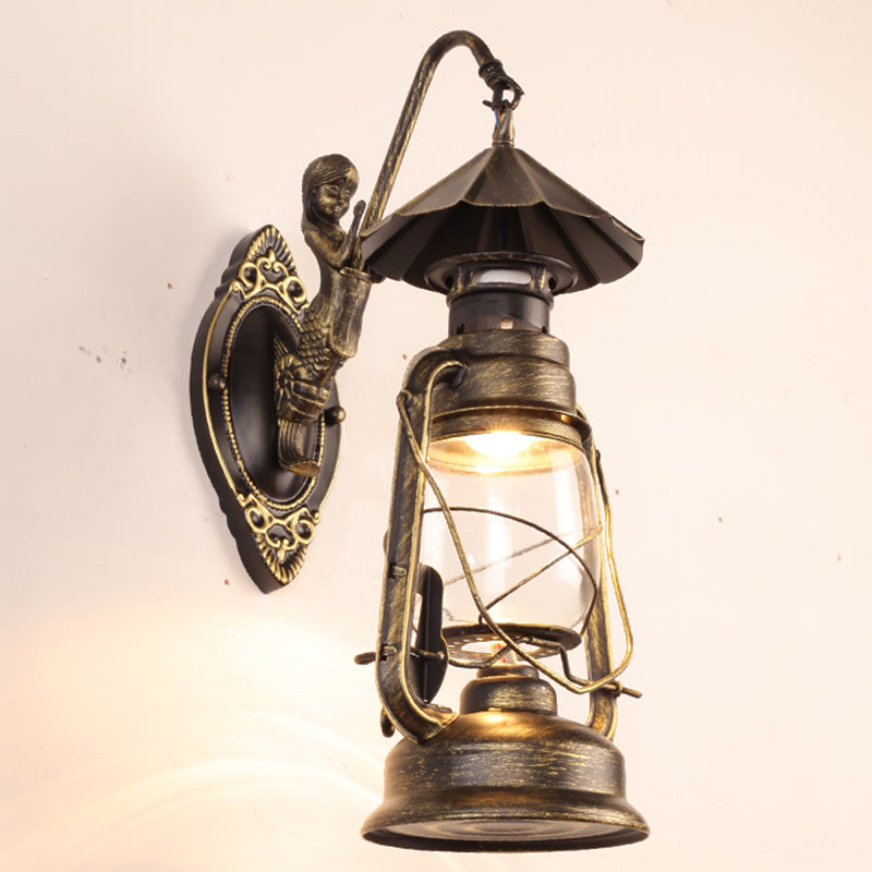 Single-Bulb Oil Lantern Sconce Antique Style Clear Glass Wall Mount Light Fixture for Aisle