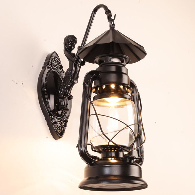 Single-Bulb Oil Lantern Sconce Antique Style Clear Glass Wall Mount Light Fixture for Aisle