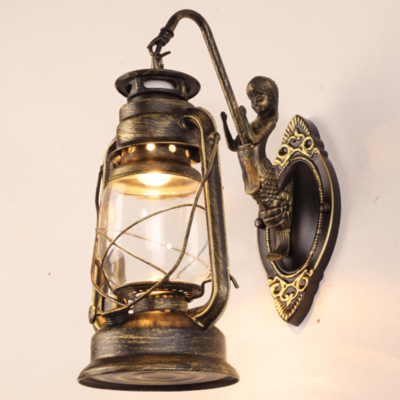 Single-Bulb Oil Lantern Sconce Antique Style Clear Glass Wall Mount Light Fixture for Aisle