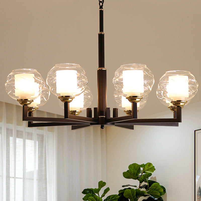 3/6/8 Bulbs Ceiling Lamp Globe Clear Textured Glass Traditional Living Room Chandelier Pendant Light in Black