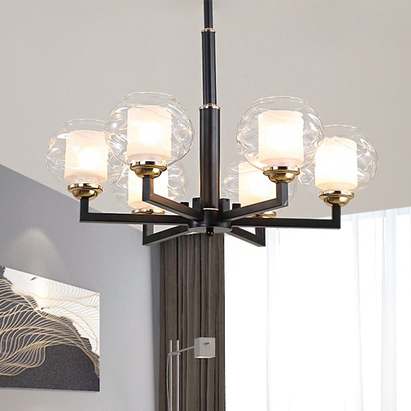 3/6/8 Bulbs Ceiling Lamp Globe Clear Textured Glass Traditional Living Room Chandelier Pendant Light in Black