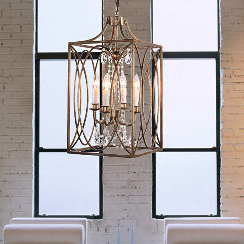 Rechteck Wohnzimmer Hanging Lampe Traditionelle Metall 4 Lampen Messing Kronleuchter Anhänger Licht mit Kaskadenkristall