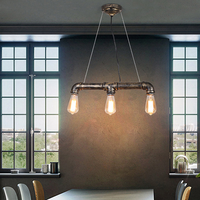 Steampunk Water Pipe Island Light Wrought Iron Suspended Lighting Fixture in Bronze