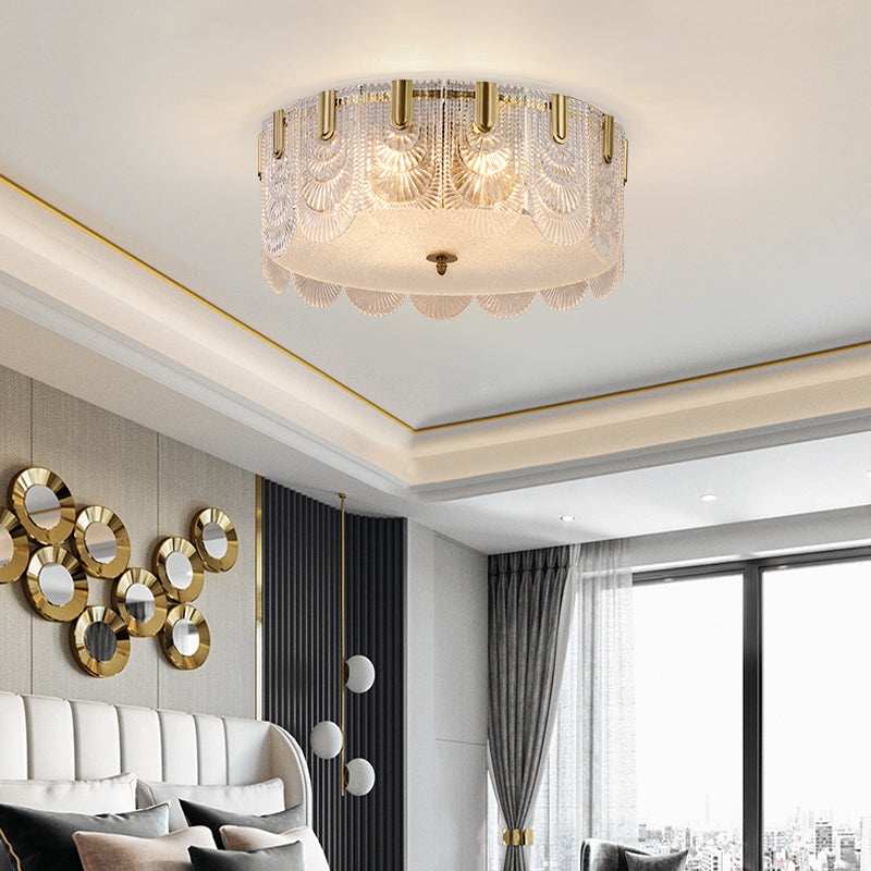 Clear Textured Glass Drum Soffitto Apparecchio Contemporaneo Flush Montato Luce con Bordo Scalzato