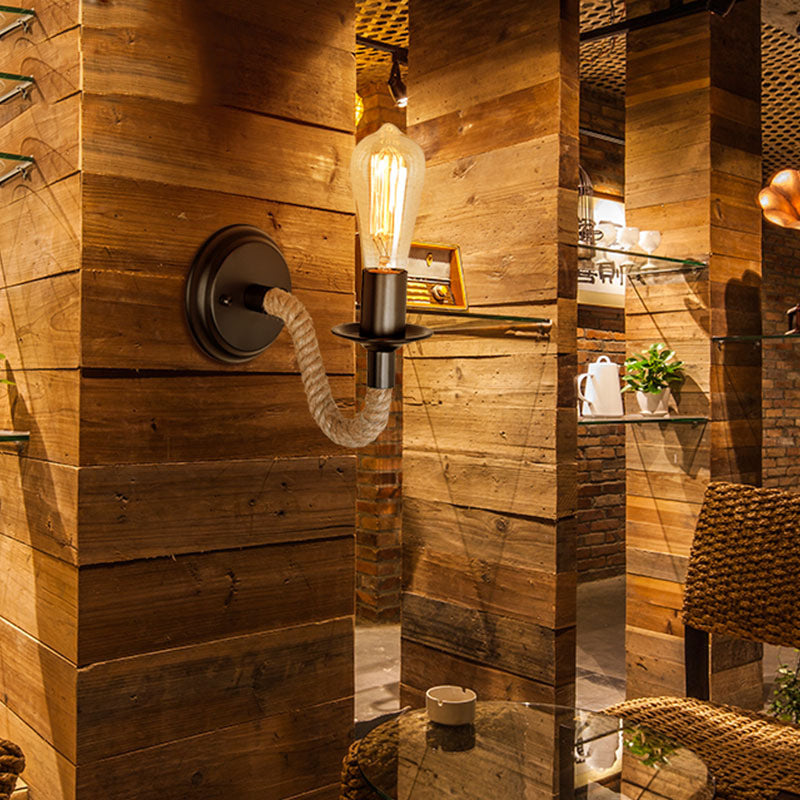 Black Exposed Bulb Wall Lighting Country Metal Single Aisle Sconce with Rope Wrapped Arm