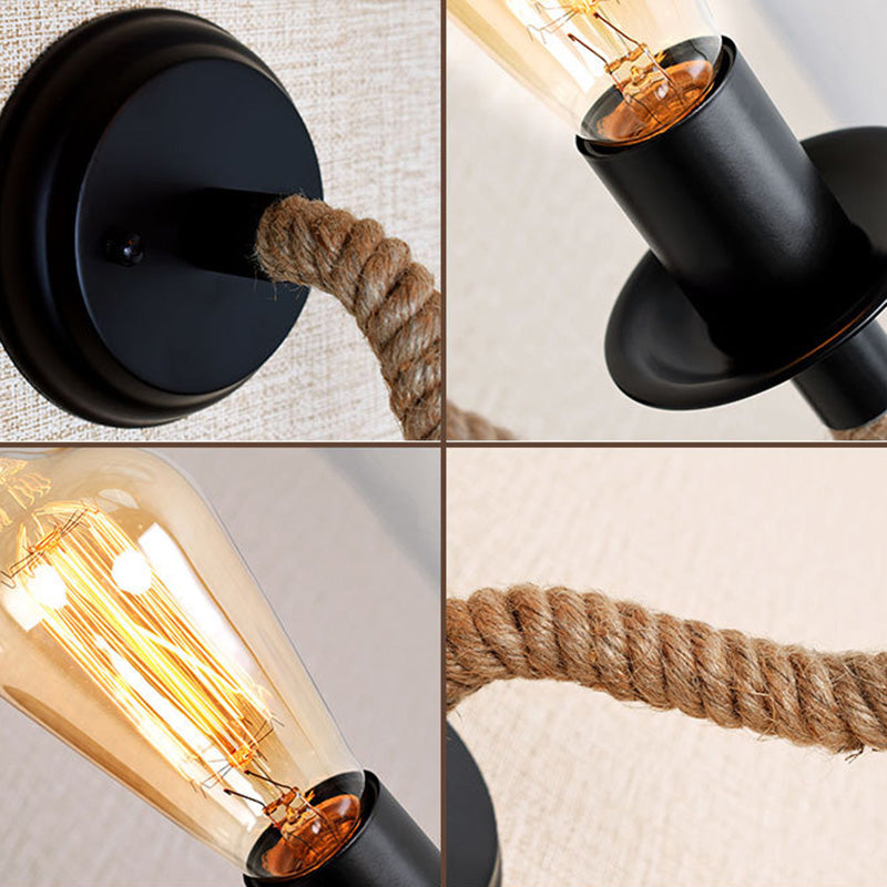 Black Exposed Bulb Wall Lighting Country Metal Single Aisle Sconce with Rope Wrapped Arm