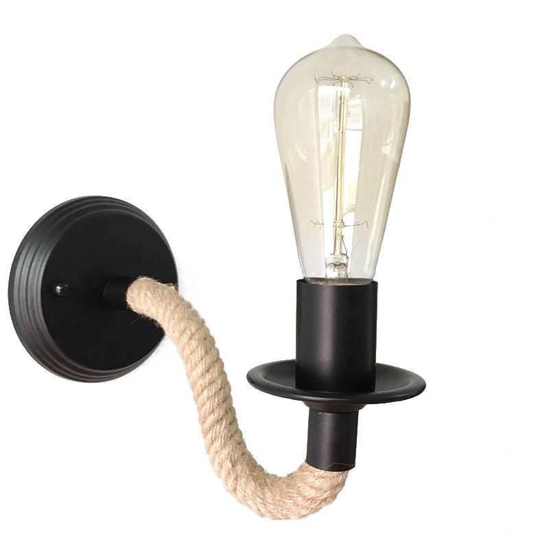 Black Exposed Bulb Wall Lighting Country Metal Single Aisle Sconce with Rope Wrapped Arm