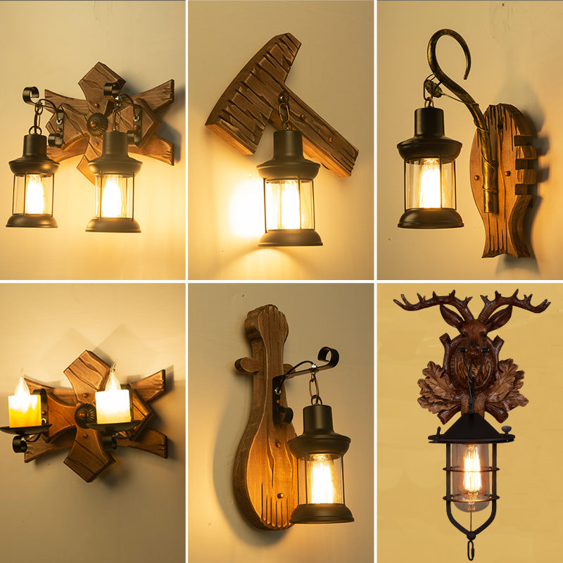 Wooden Brown Wall Light Fixture Geometric Shaped Country Style Wall Sconce for Corridor