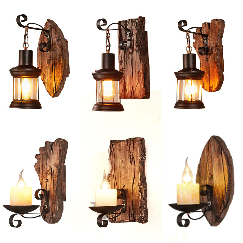 Wooden Brown Wall Light Fixture Geometric Shaped Country Style Wall Sconce for Corridor