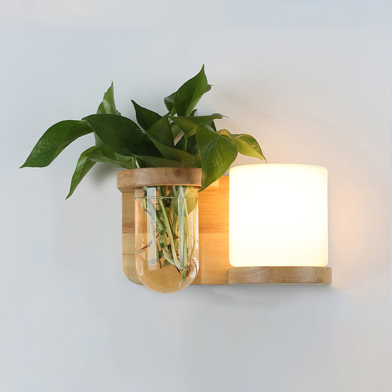 Cream Glass Cube Sconce Lamp Art Deco 1-Bulb Wood Wall Mount Light with Hydroponic Plant Pot