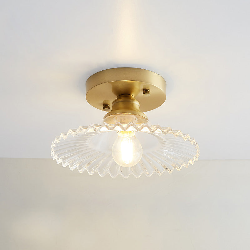 Industrial Small Ceiling Light Fixture 1-Light Textured Glass Semi Flush Mount in Brass for Aisle